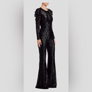 Monique Lhuillier Jet Sequins Puff Shoulder Backless Jumpsuit- Size 10